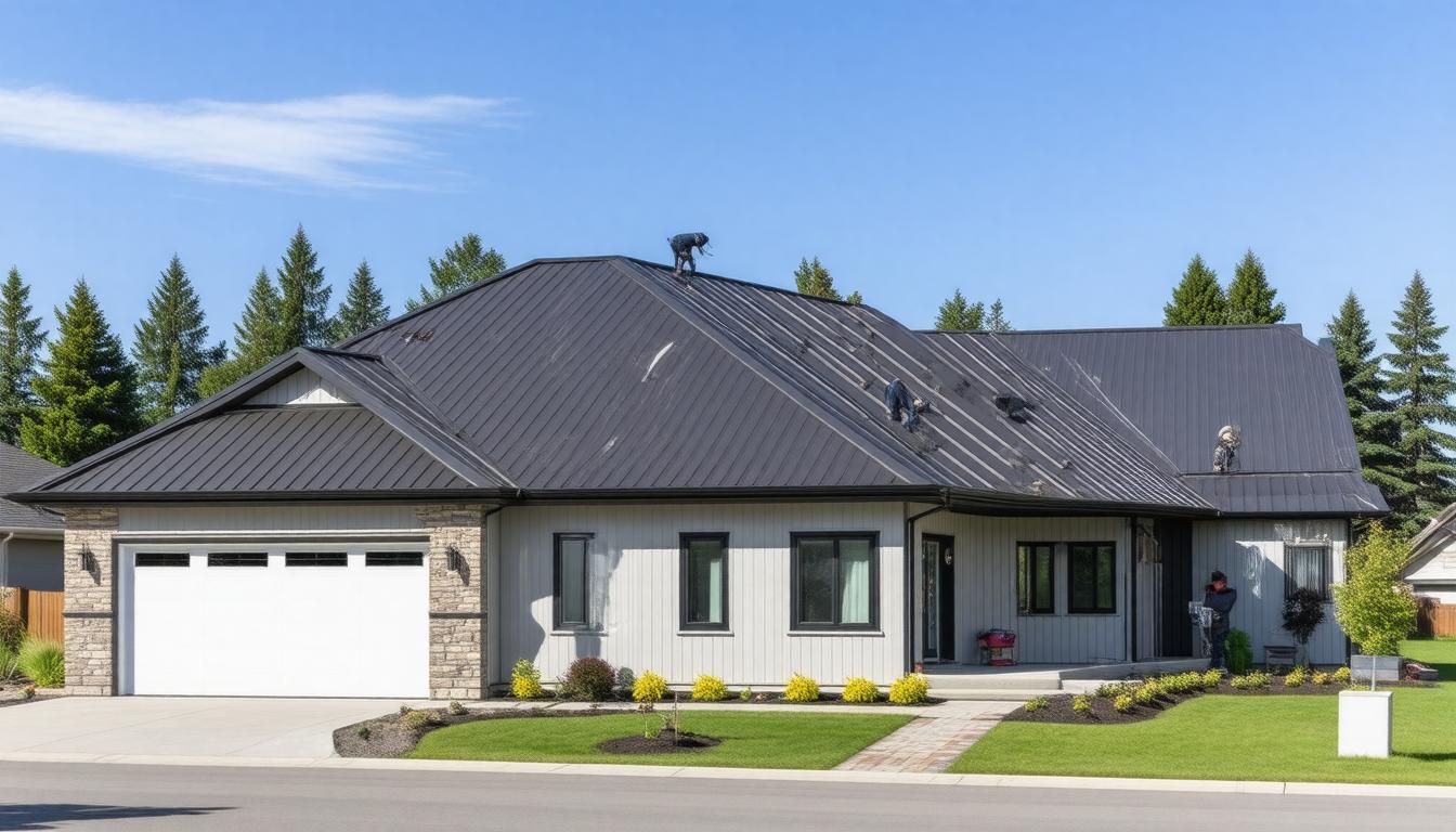 A house featuring a metal roof and an attached garage, set against a clear blue sky.