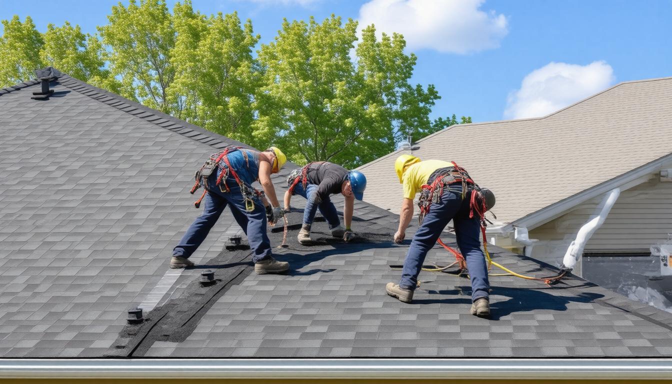 Three men installing roofing materials on a sloped roof under a clear blue sky.