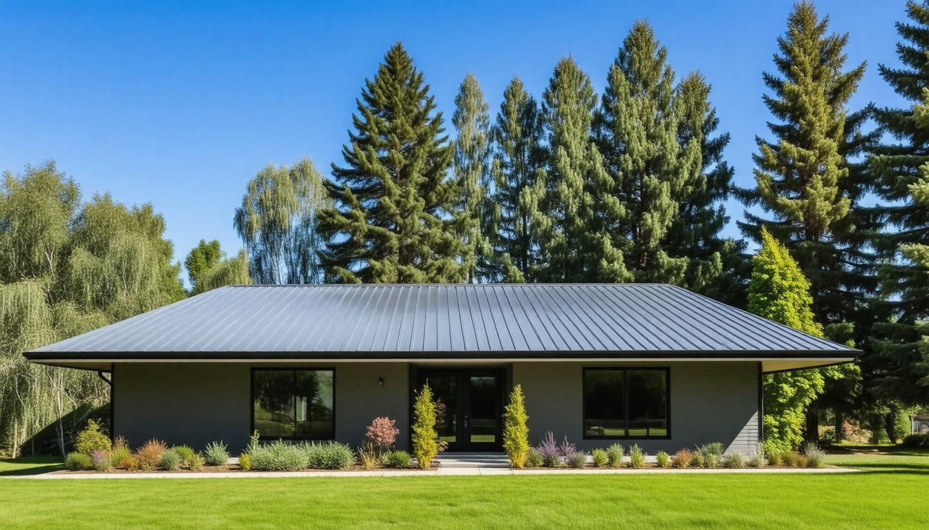 A modern house with a sleek metal roof surrounded by lush green grass.