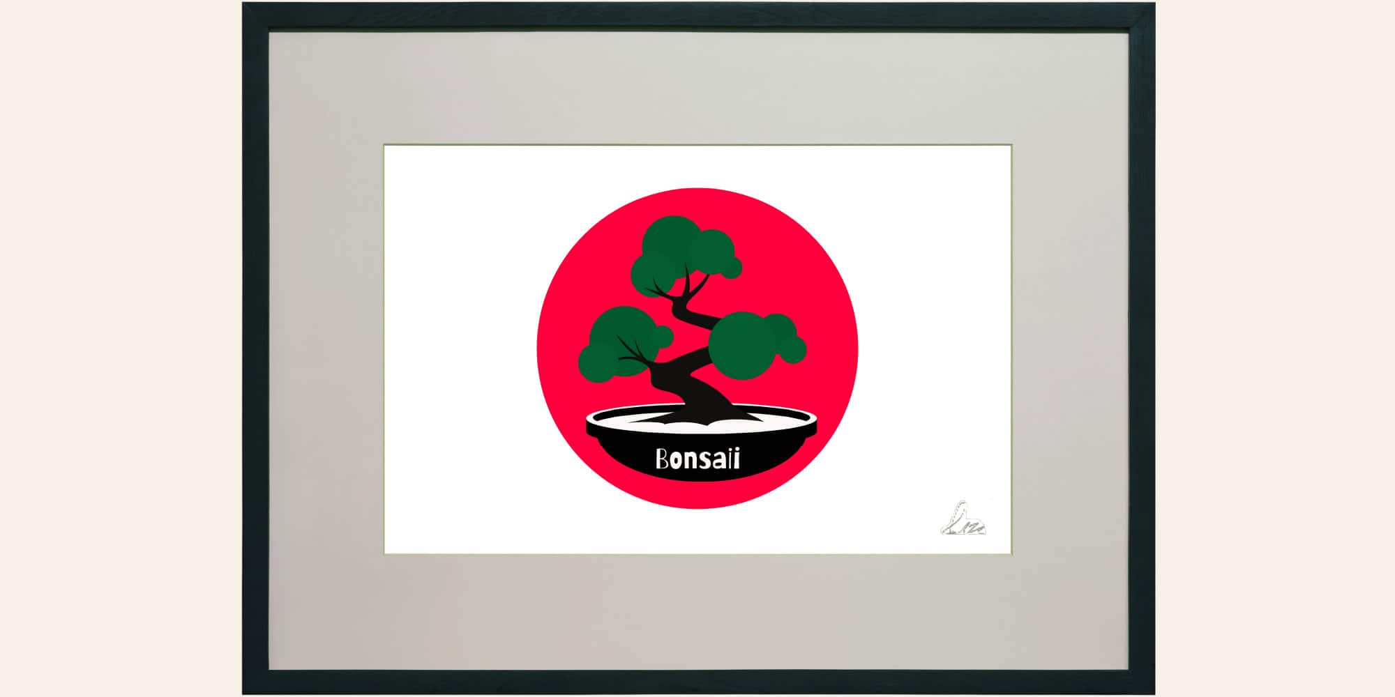 Bonsaii logo: Japanese bonsai tree with green leaves in a black pot, set in a red circle and framed in a gold picture frame | Bonsaii - artisan bonsai trees and gifts