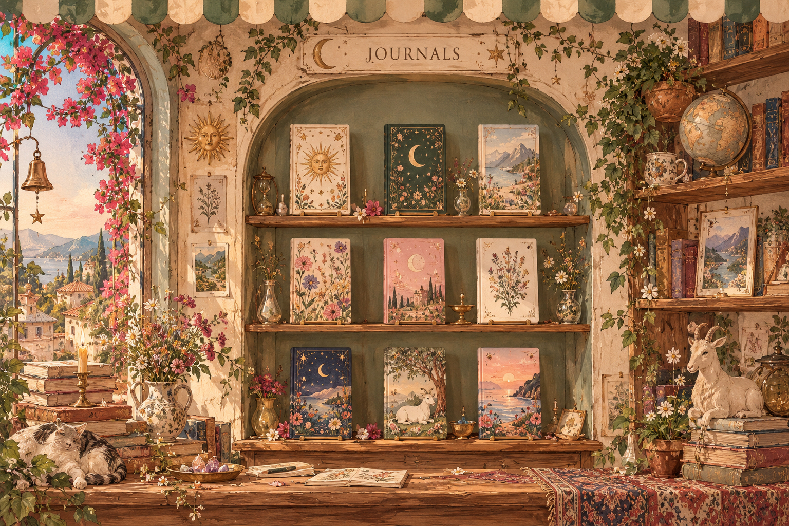 Sunlit bookshop corner with journals on wooden shelves, trailing plants and a sleeping cat