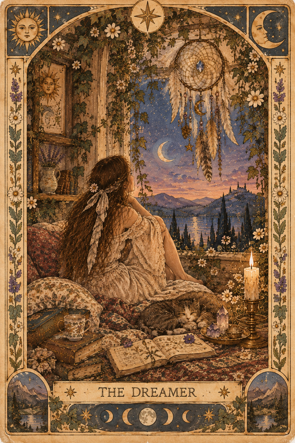 The Dreamer tarot card — girl stargazing with cat, candle and journal
