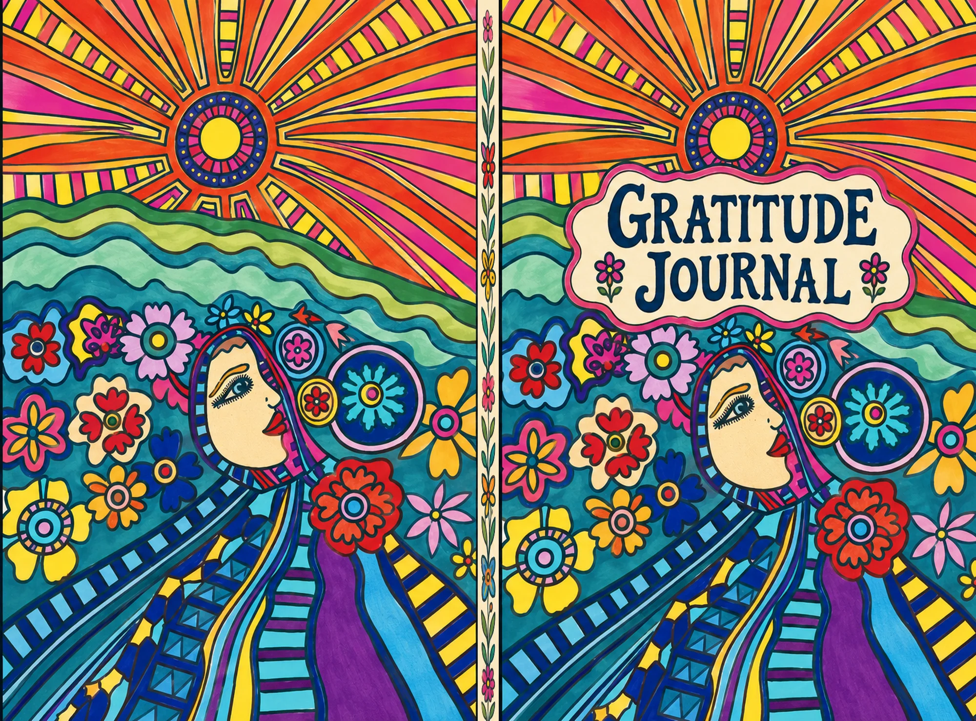 Gratitude Journal with vibrant folk-art sun, flowers and moon maiden cover