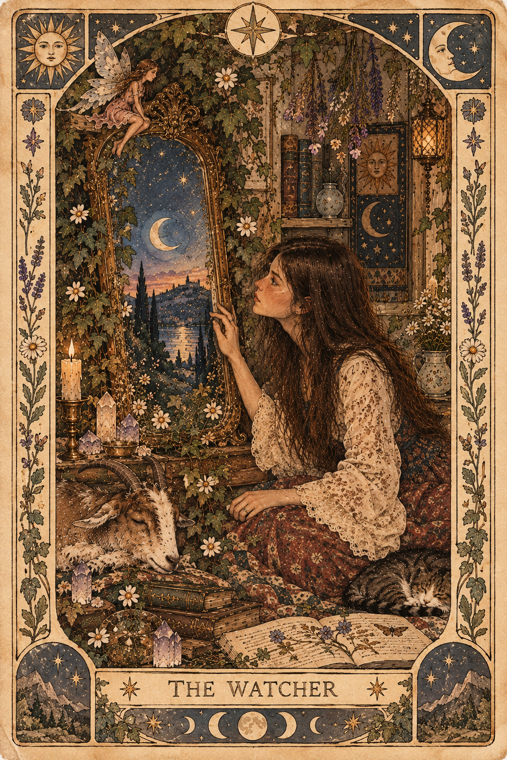 The Watcher tarot card — girl with mirror, goat, cat and fairy