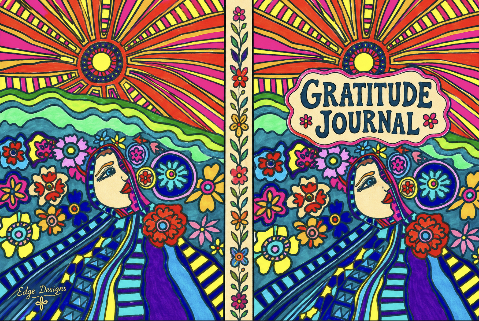 Gratitude Journal full cover by Edge Designs — folk-art sun, moon maiden and flowers, front and back