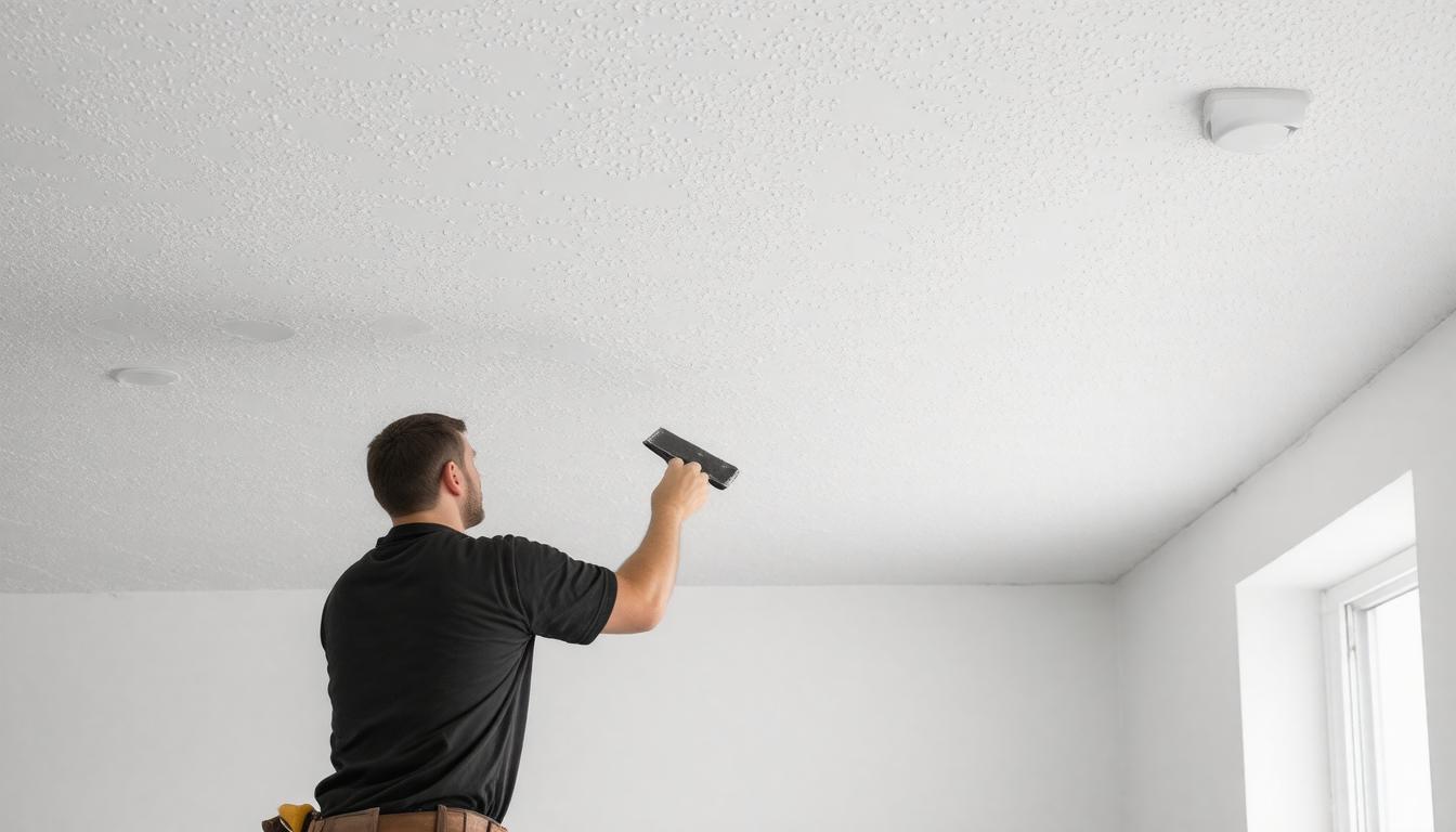 A man using a screwdriver to work on a ceiling fixture, demonstrating a home repair task.