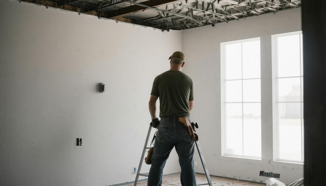 A man on a ladder in a room with unfinished walls, preparing for painting or renovation work.