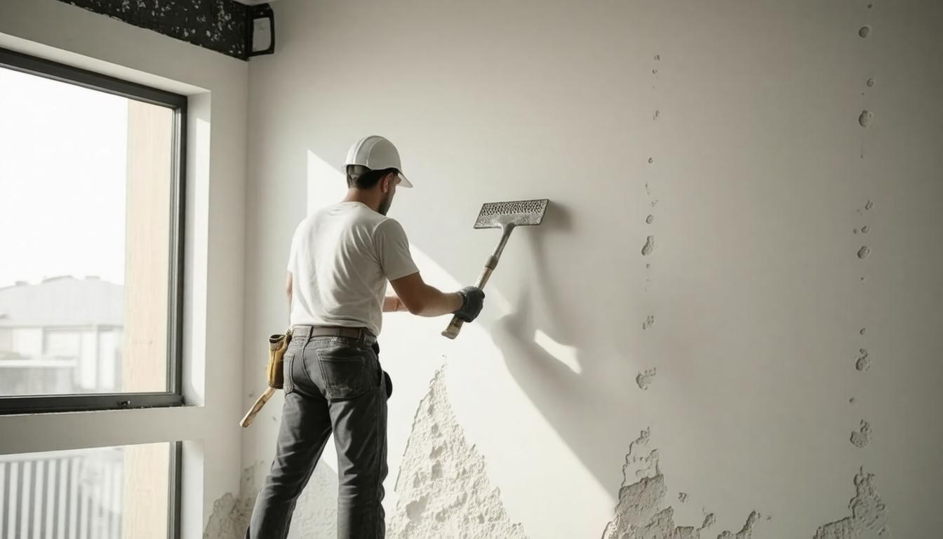 A man using a paint roller to apply paint to a wall, focused on his task in a well-lit room.