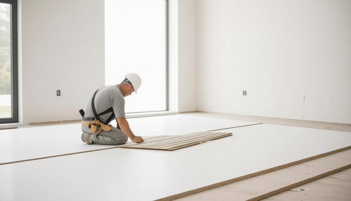 A man is installing flooring in an empty room, carefully laying out planks on the bare surface.