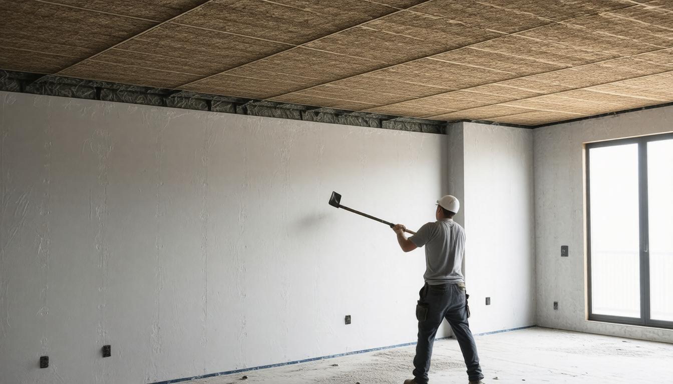 A man painting the ceiling of a room with a roller, wearing a protective mask and standing on a ladder.