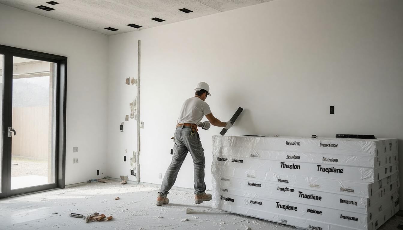 A man is applying paint to a wall in a room, focused on his task with tools nearby.