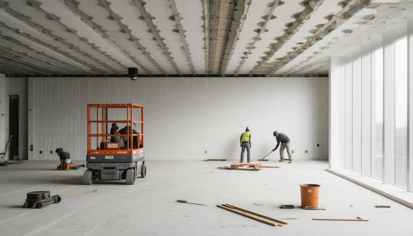 Construction workers collaborating in a spacious room with large windows, showcasing an active work environment.
