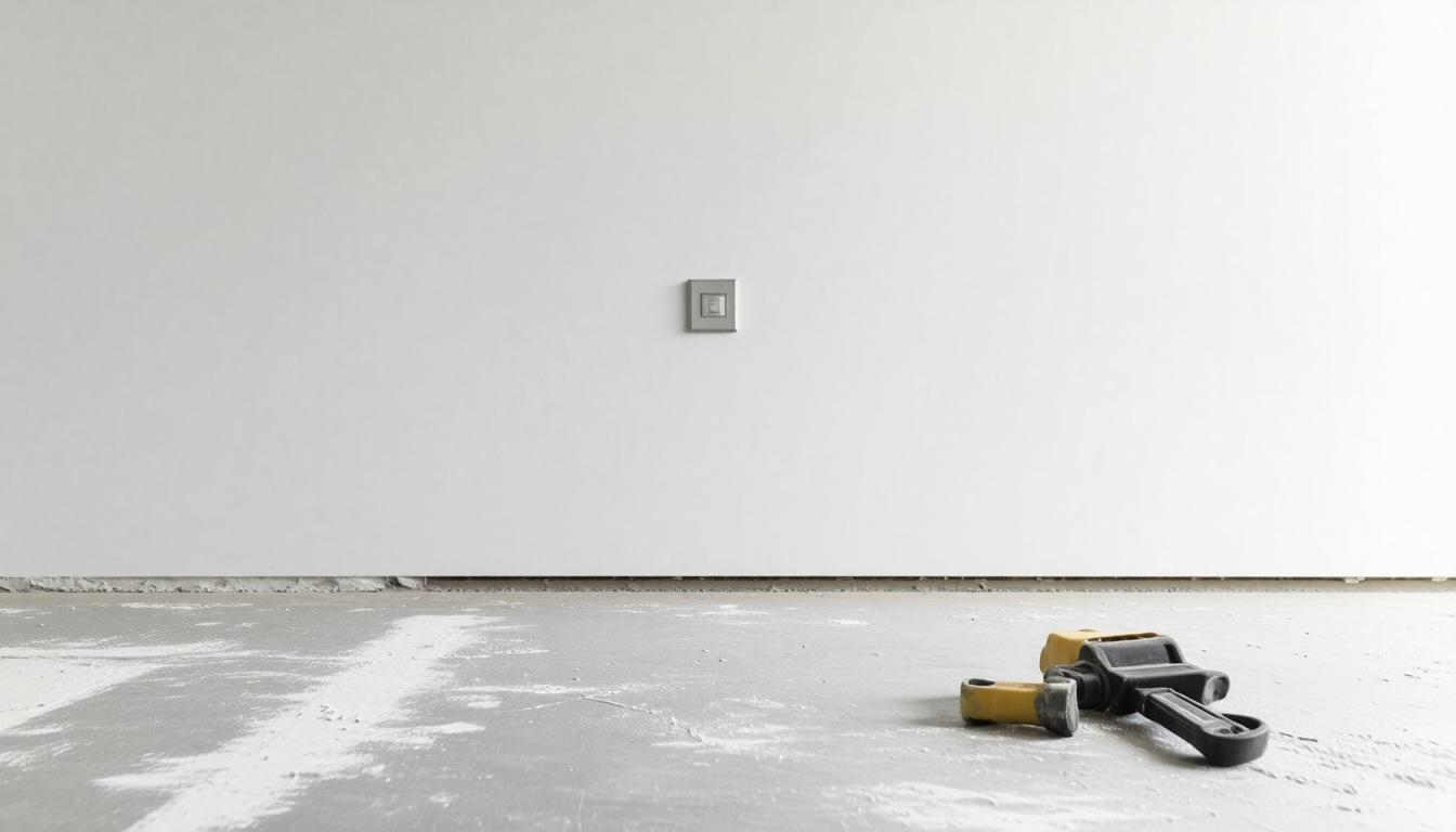 A white wall featuring a light switch and a hammer positioned nearby.