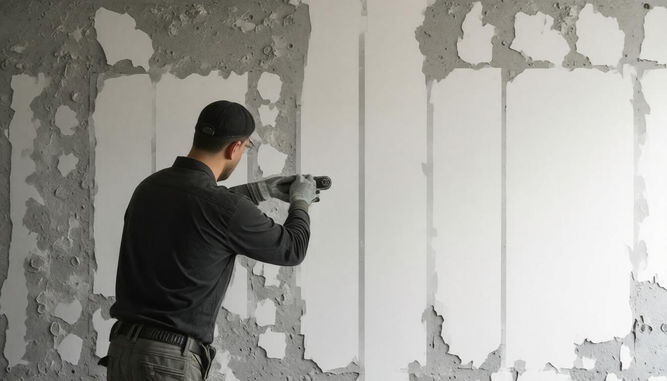 A man operates a drill while painting a wall, demonstrating a unique method of applying paint.