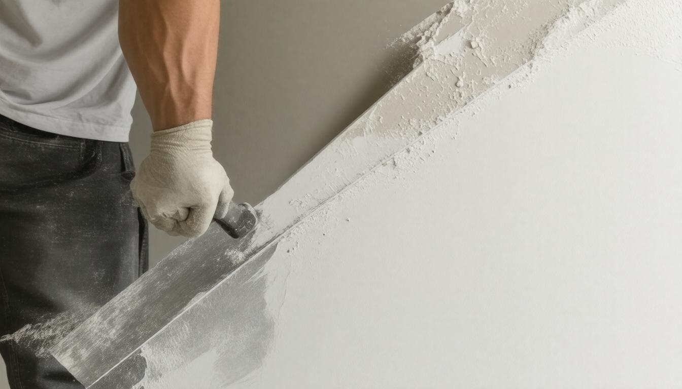 A man applies plaster to a wall using a trowel, demonstrating a construction or renovation task.