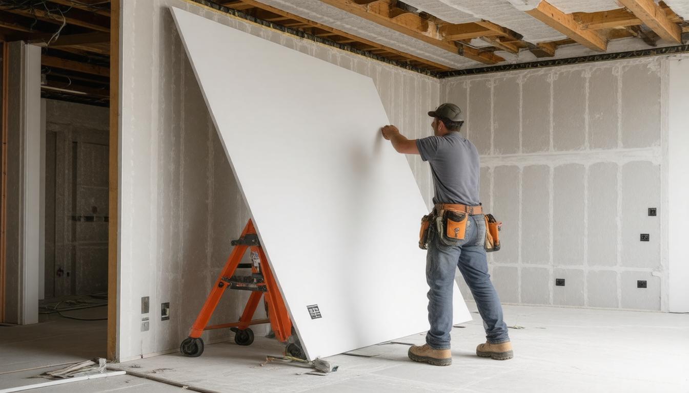 A man installs a large whiteboard on the wall in a well-lit room, preparing for a presentation or meeting.
