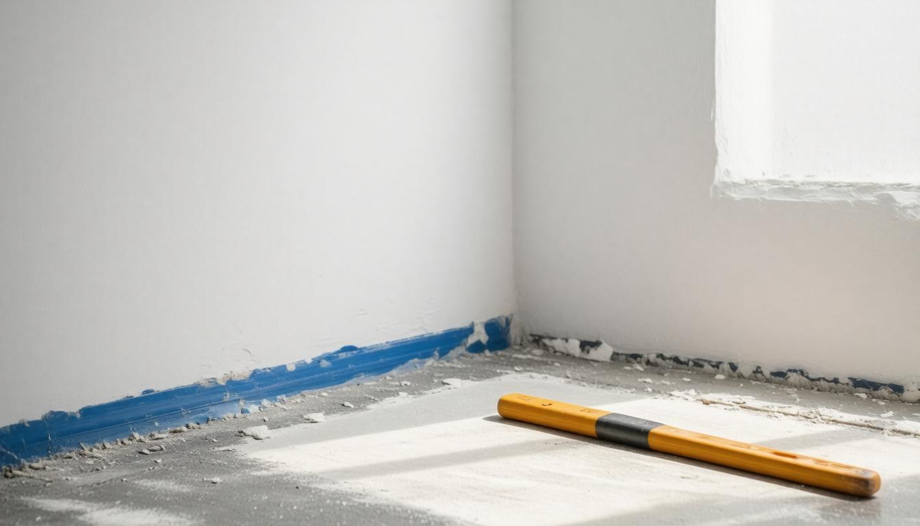 A yellow paint brush rests on the floor beside a wall, indicating a painting or renovation project in progress.