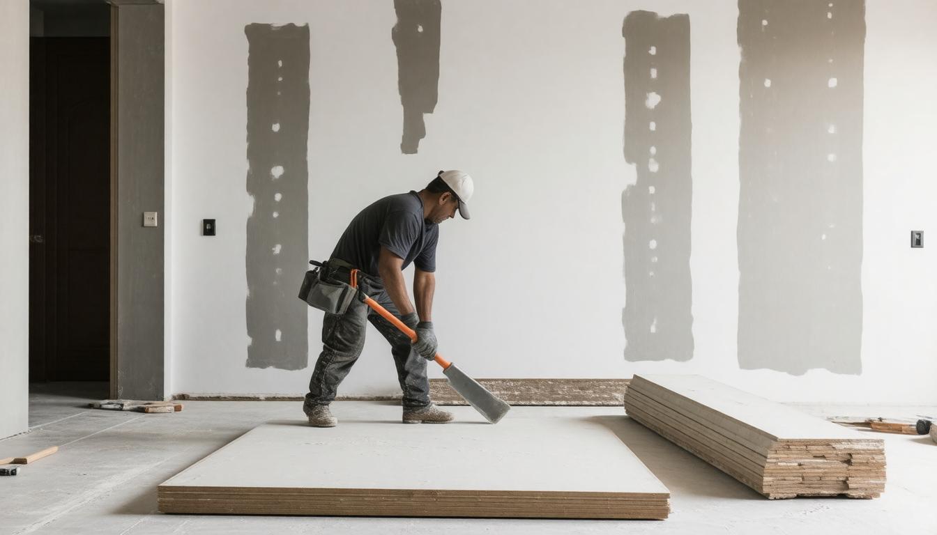 A man installs drywall in a room, focused on his task with tools and materials surrounding him.