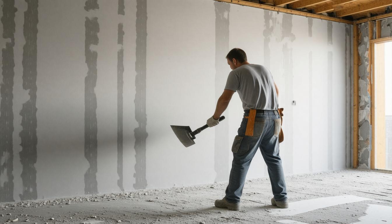 A man is applying paint to a wall in a room, focused on his task with tools nearby.
