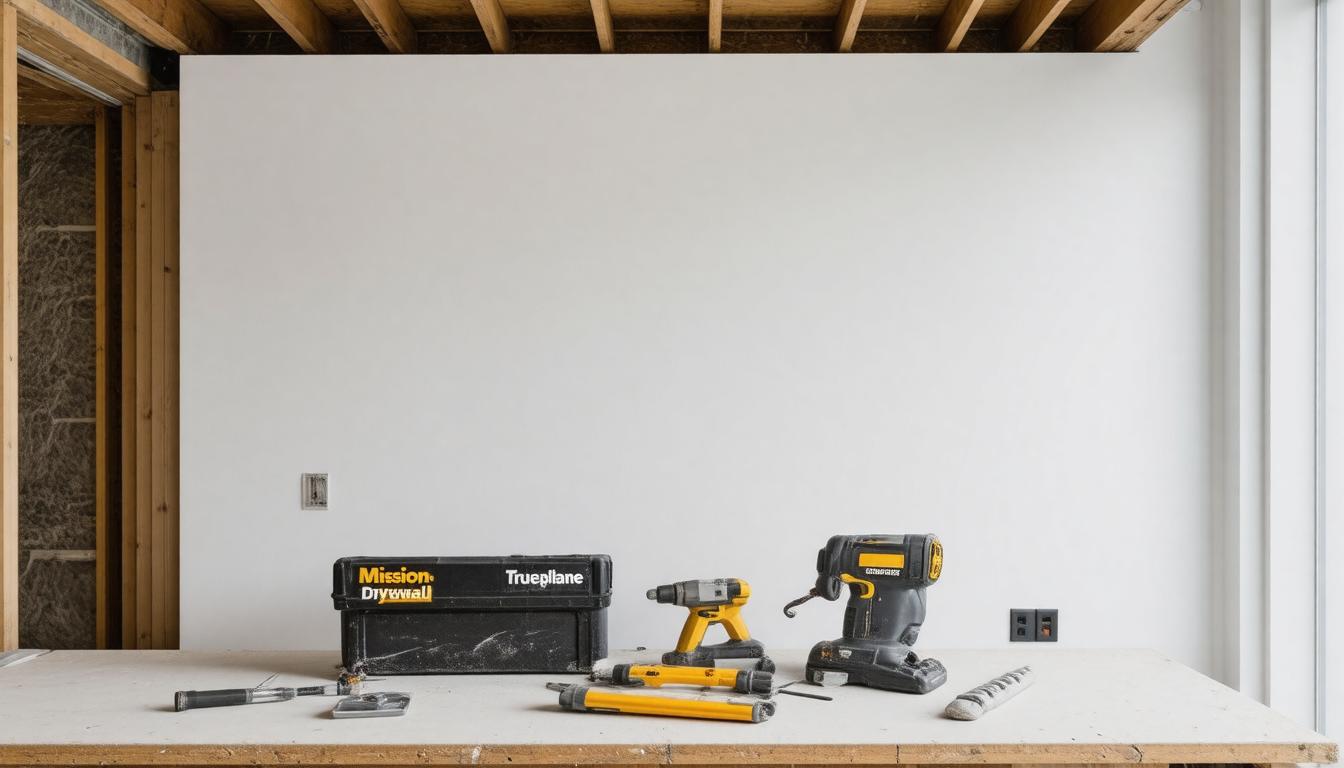 A workbench cluttered with various tools, set against a wall and ceiling in a workshop environment.