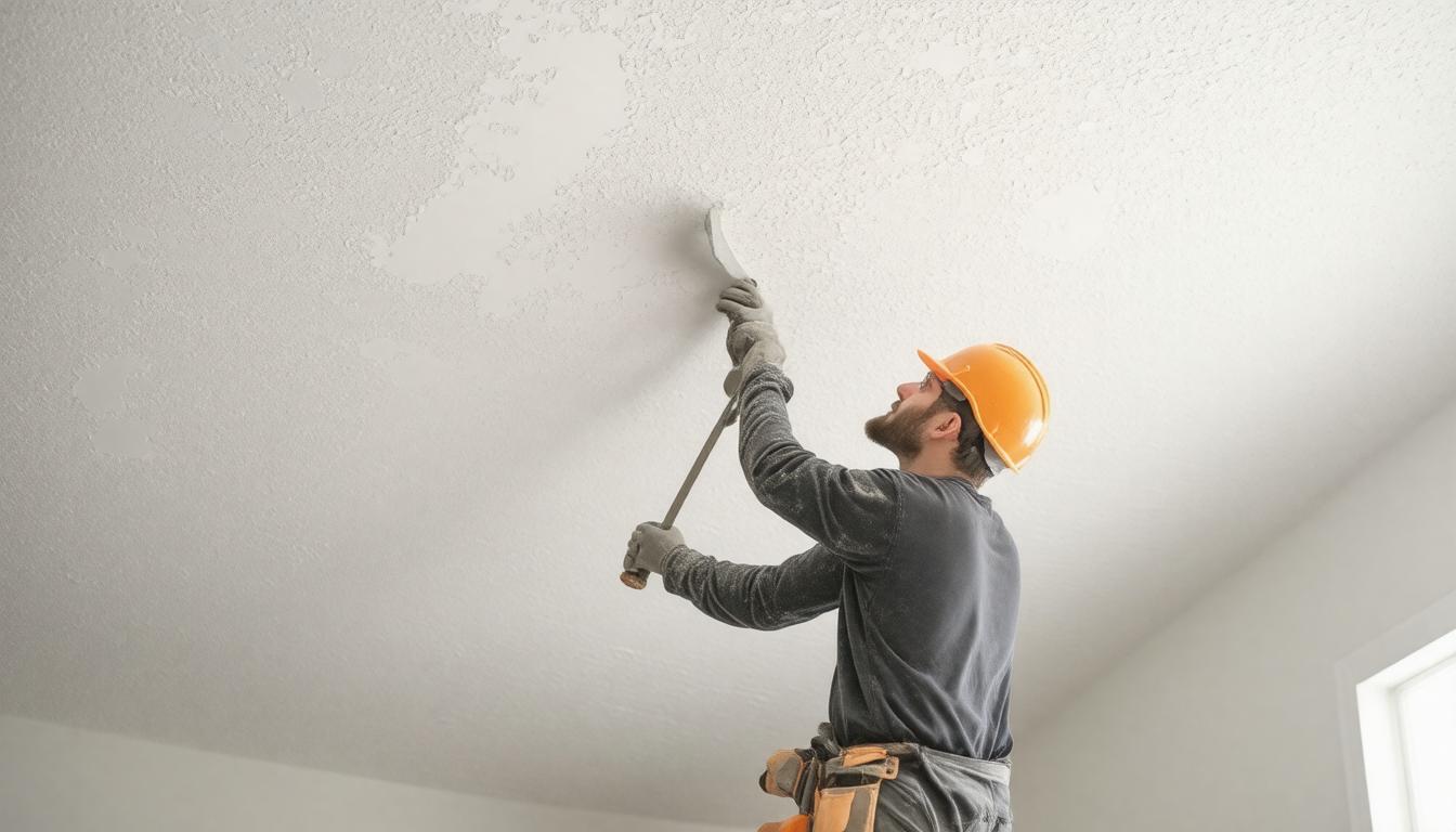A man wearing a hard hat and safety vest is painting a ceiling with a roller.