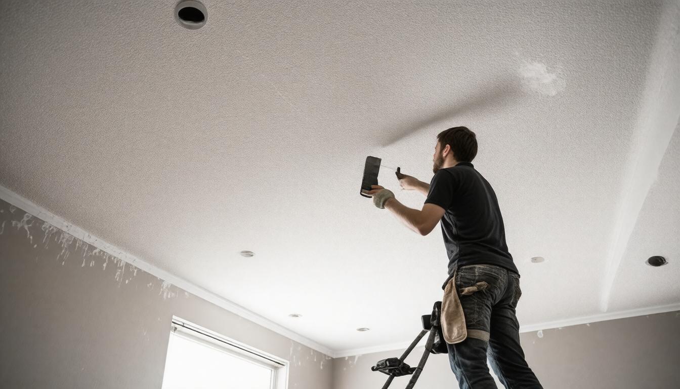 A man is painting the ceiling of a room, using a roller and a ladder for reach.