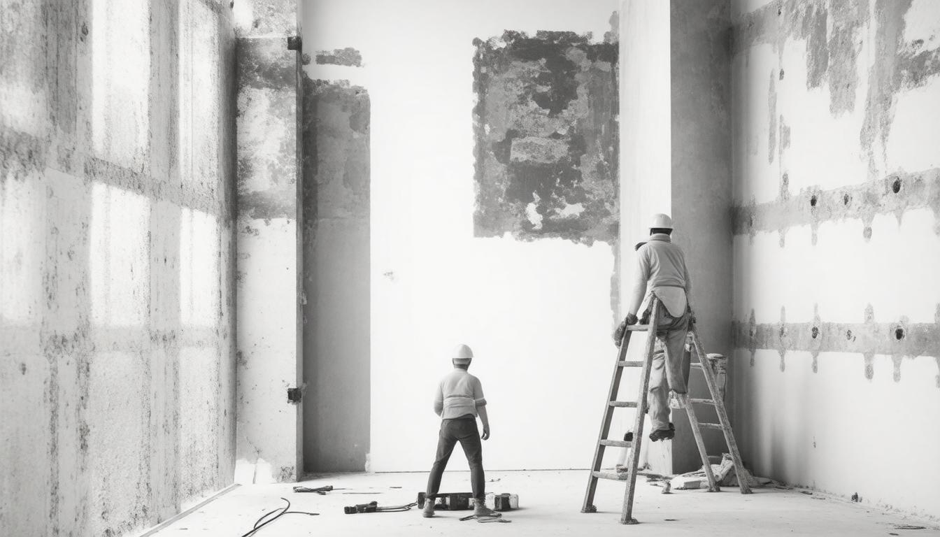 Two men are collaborating on a wall in an unfinished room, surrounded by construction materials and tools.