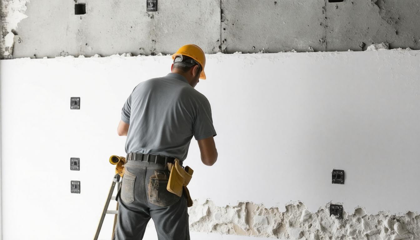 A man using a hammer to work on a wall, focused on his task in a construction setting.