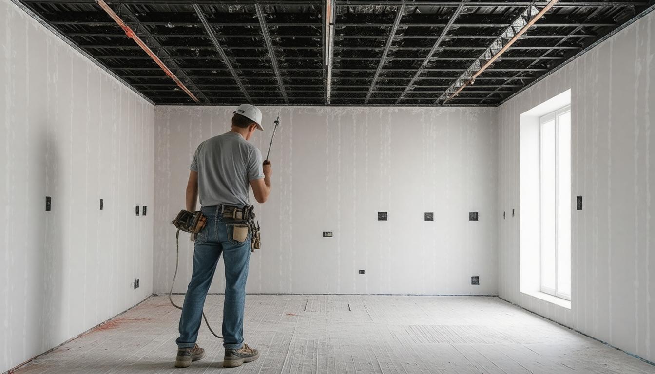 A man stands in an unfinished room, facing a bare wall, highlighting the incomplete construction environment.
