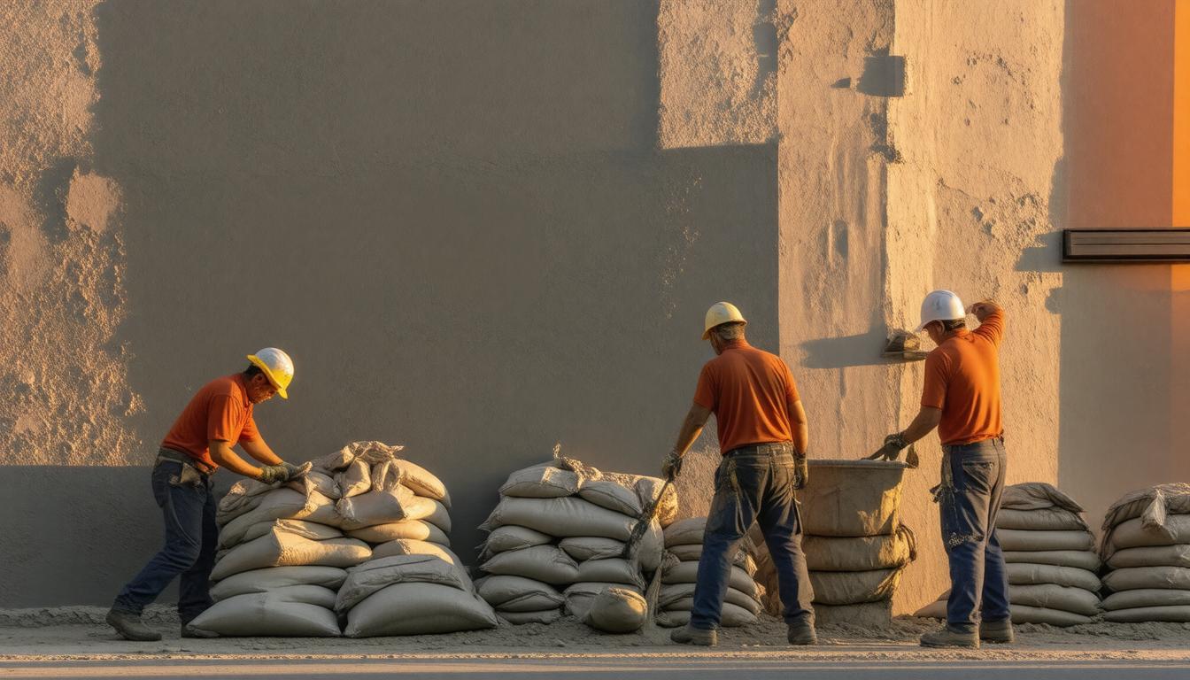 Construction workers loading sandbags onto a truck at a construction site, preparing for flood prevention efforts.
