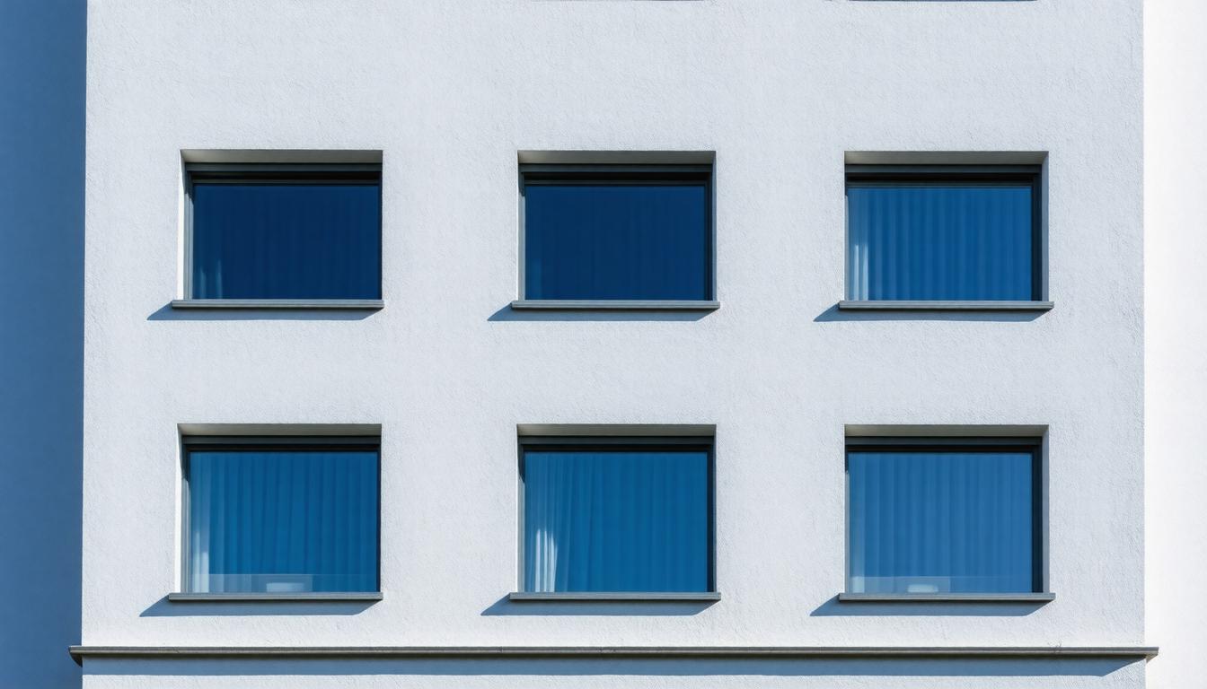 A white building featuring multiple windows and a prominent clock on its facade.
