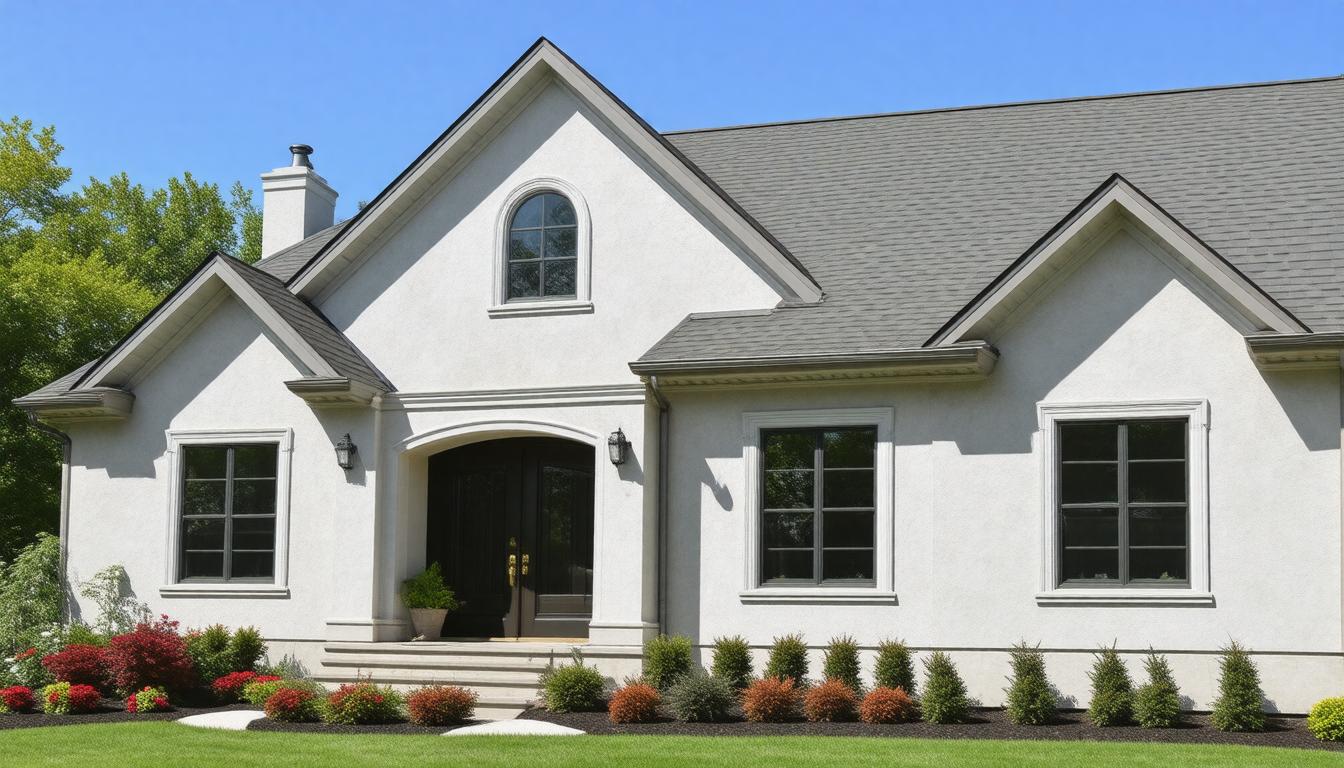 A white house surrounded by a spacious front yard, featuring green grass and a clear blue sky.
