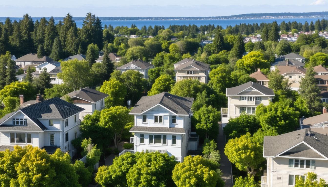 A scenic neighborhood view featuring numerous trees and houses, showcasing a lush, green environment.