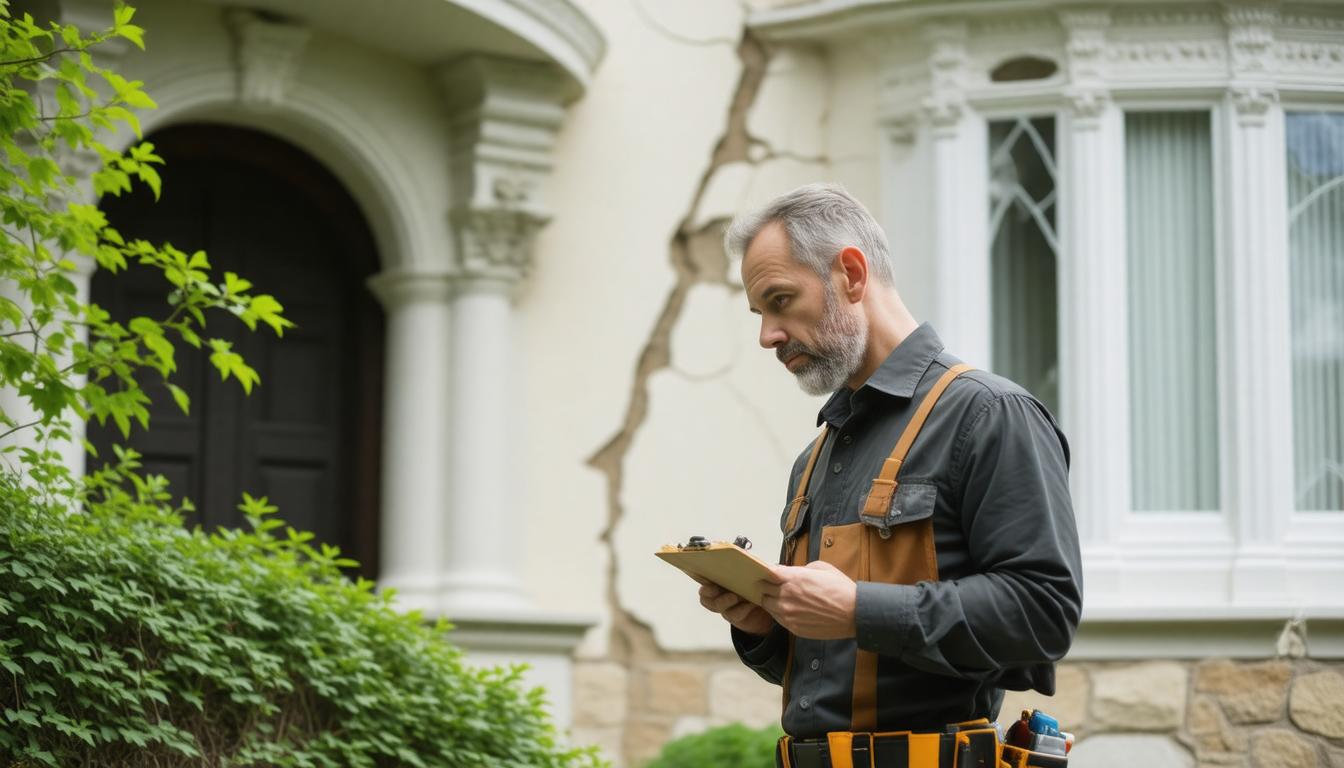 A man in a hard hat and overalls stands with a clipboard in front of a house, inspecting the property.