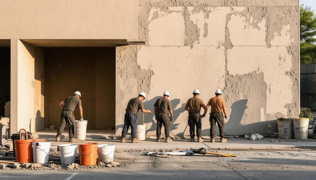 A group of construction workers stands in front of a building, wearing hard hats and safety vests, discussing their project.