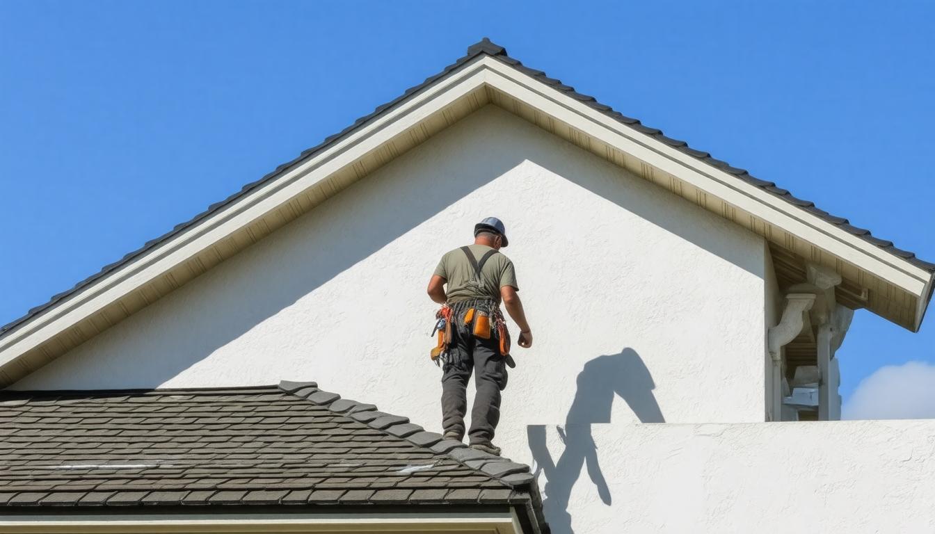 A man stands on a house roof next to a ladder, preparing for maintenance or repairs.