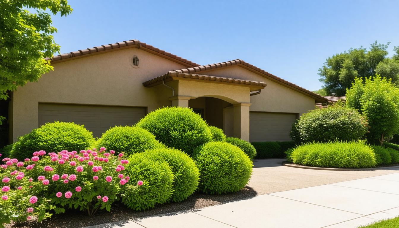 A house with a driveway and neatly trimmed shrubs in front, showcasing a well-maintained exterior.