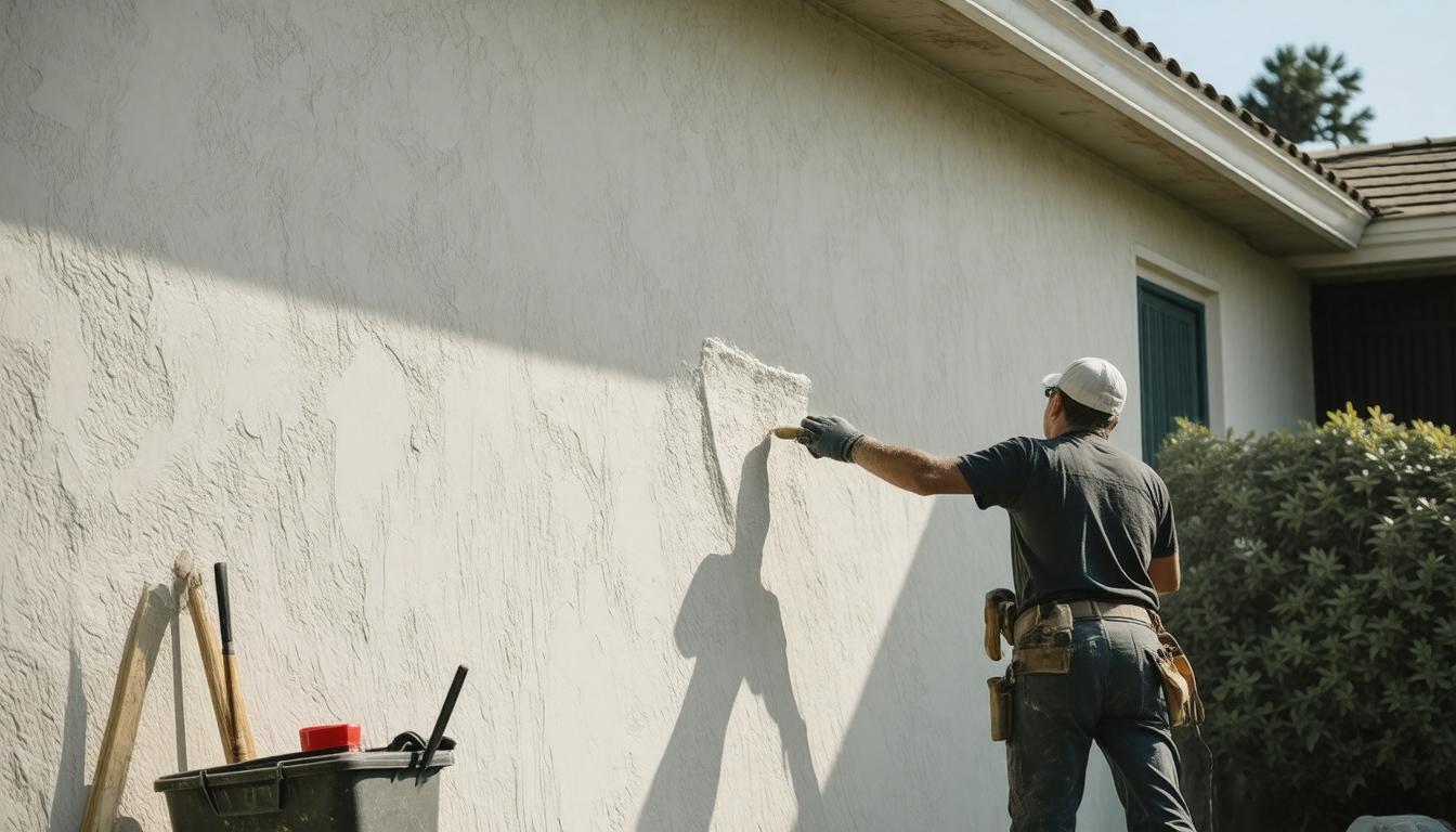A man is painting the exterior of a house, using a brush and ladder to reach higher areas.