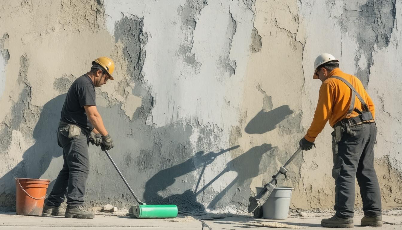 Two men are applying green paint to a wall, focused on their task with brushes in hand.