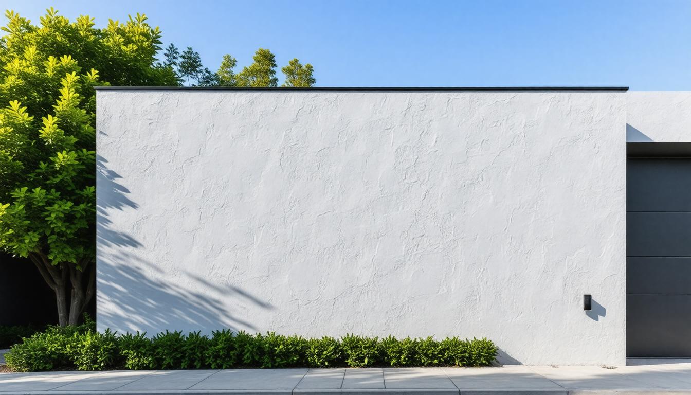 A modern white house featuring a sleek design and a prominent garage door.