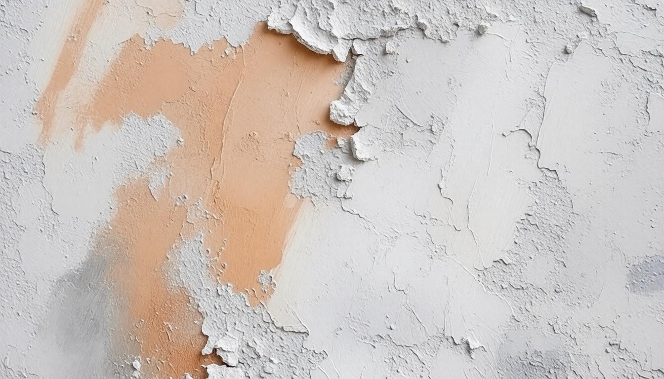 A white wall with peeling paint, revealing patches of orange underneath, creating a textured and weathered appearance.