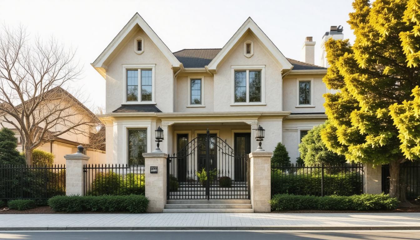 A prominent white house enclosed by a fence, with a gate leading to the property.