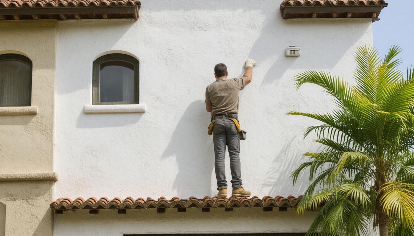 A man using a ladder to paint the exterior of a house in a residential neighborhood.