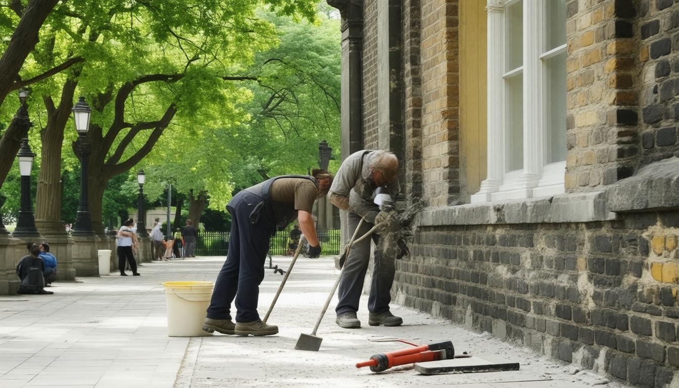 A man is painting the exterior of a house, using a brush and ladder to reach higher areas.