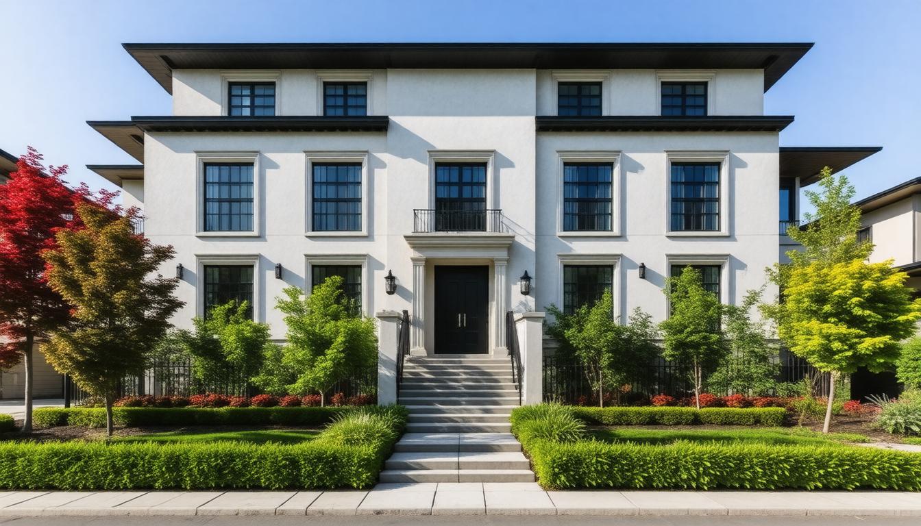 A large white house surrounded by a well-maintained garden and landscaping.