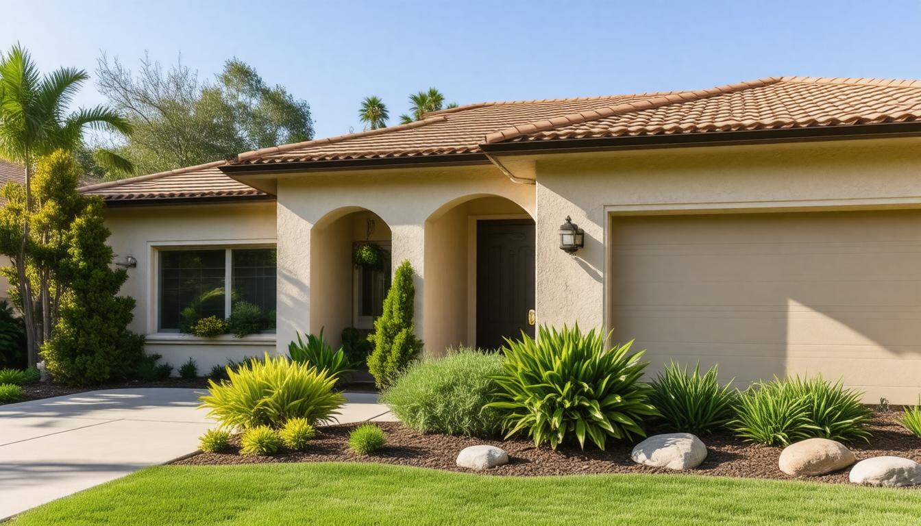 A well-maintained home surrounded by lush landscaping and vibrant plants, showcasing a welcoming outdoor environment.