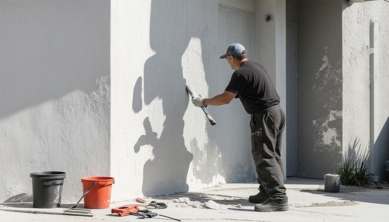 A man is painting the exterior of a house with a brush, focused on a section of the wall.