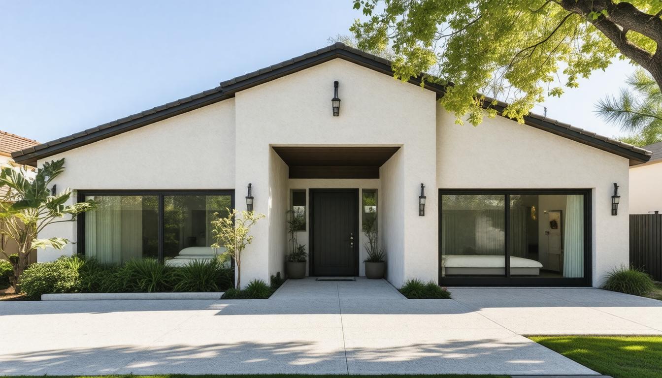 A modern home featuring a white exterior and contrasting black shutters.