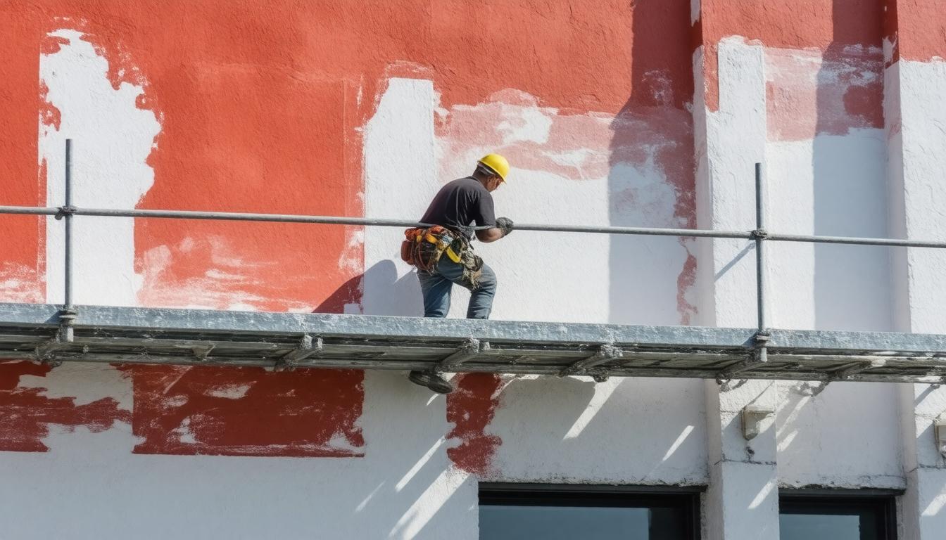 A man is applying red paint to the exterior of a building using a paint roller.