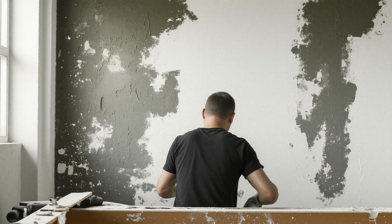 A man paints a wall with a brush, focused on applying a fresh coat of color.